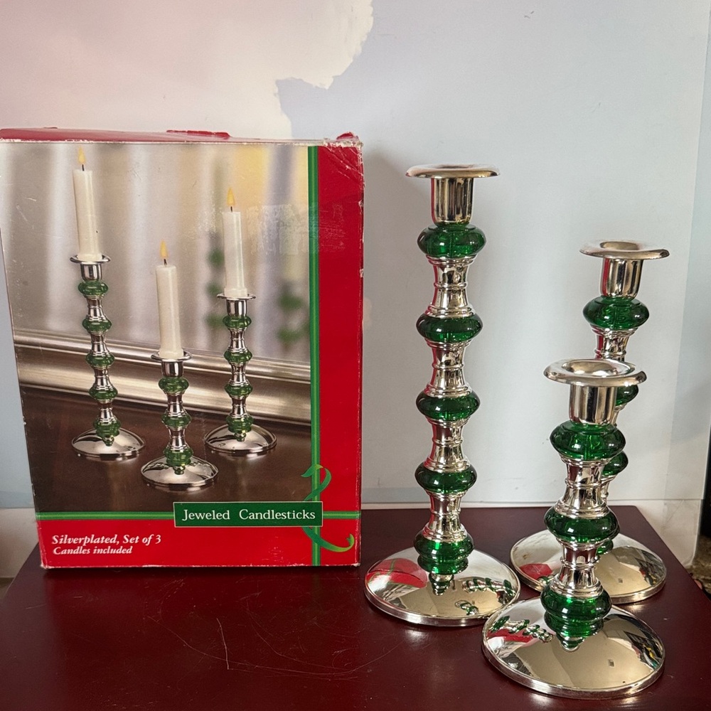 International Silver Company silver-plated and green acrylic candlestick holders
